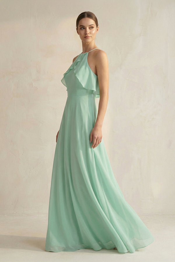 Halter Neck A-Line Chiffon Bridesmaid Dress with Keyhole in Pale Pistachio - KissProm BRIDESMAID DRESSES