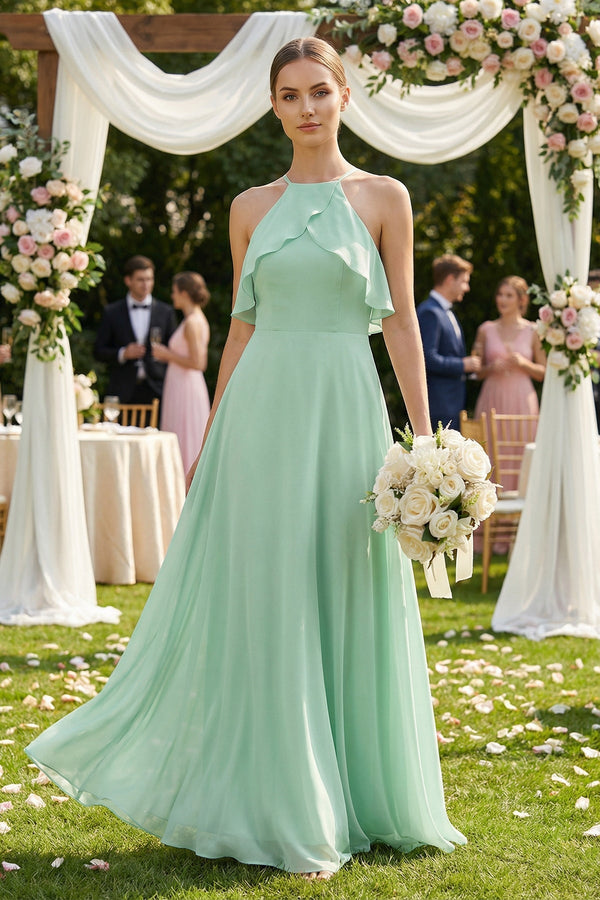 Halter Neck A-Line Chiffon Bridesmaid Dress with Keyhole in Pale Pistachio, Pale Pistachio / 8