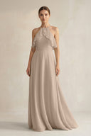 Halter Neck A - Line Chiffon Bridesmaid Dress with Keyhole in Almond - KissProm Bridesmaid Dresses