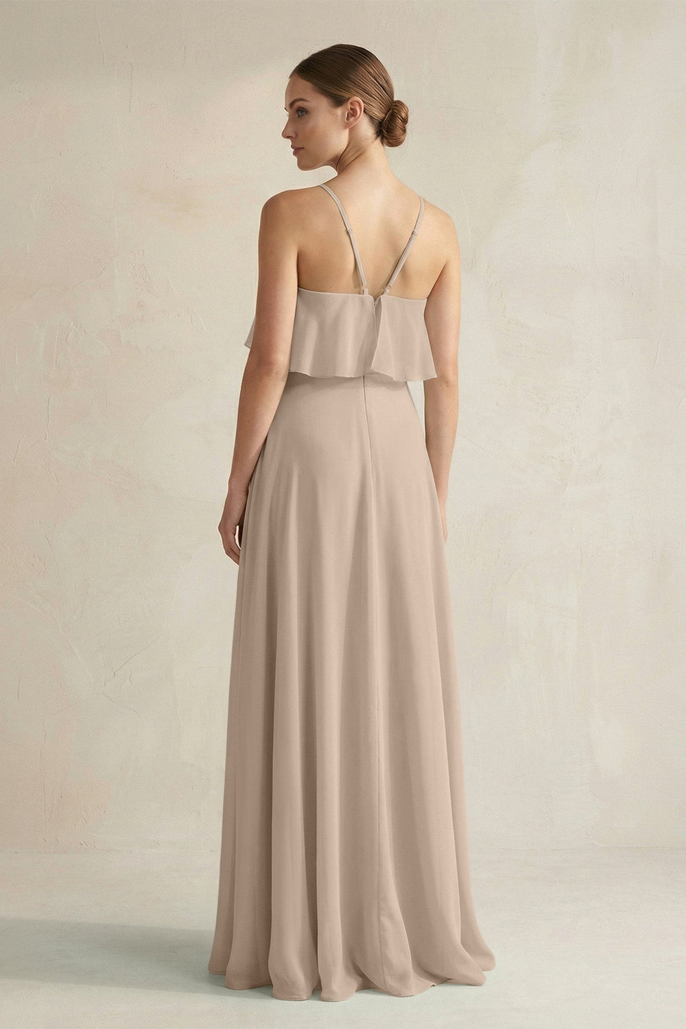 Halter Neck A - Line Chiffon Bridesmaid Dress with Keyhole in Almond - KissProm Bridesmaid Dresses