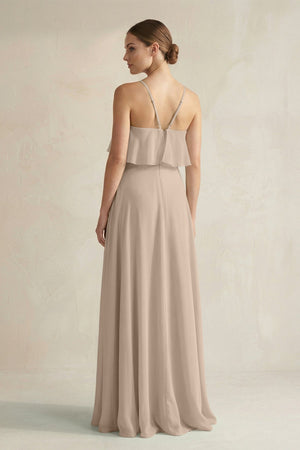 Halter Neck A - Line Chiffon Bridesmaid Dress with Keyhole in Almond - KissProm Bridesmaid Dresses
