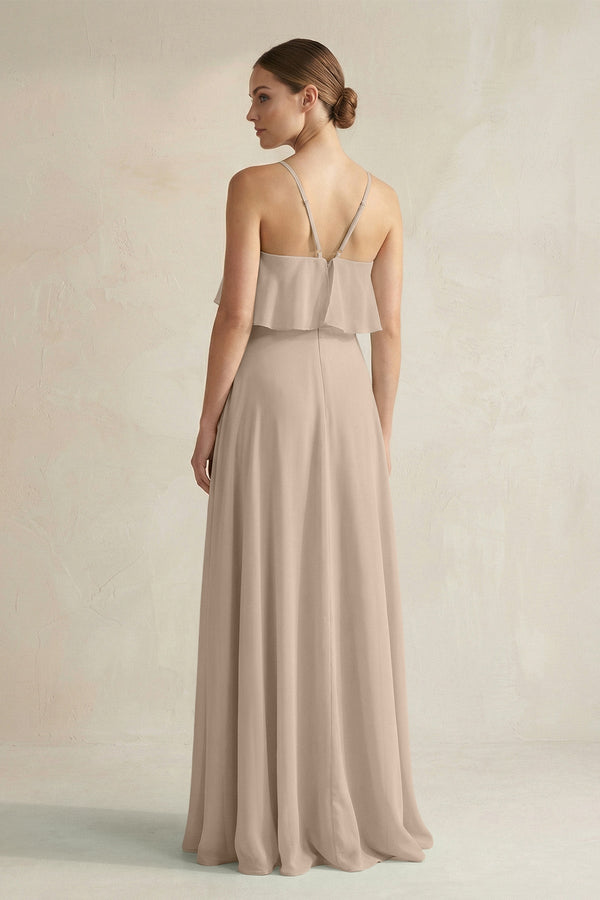 Halter Neck A - Line Chiffon Bridesmaid Dress with Keyhole in Almond - KissProm Bridesmaid Dresses