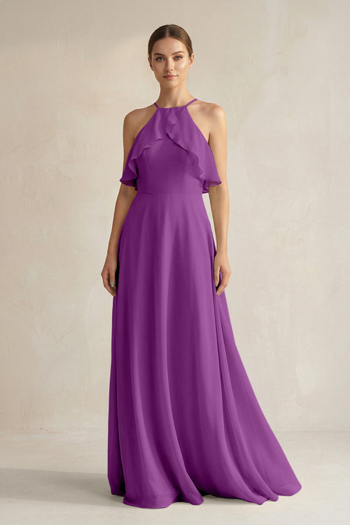 Halter Neck A - Line Chiffon Bridesmaid Dress with Keyhole in Amethyst - KissProm Bridesmaid Dresses