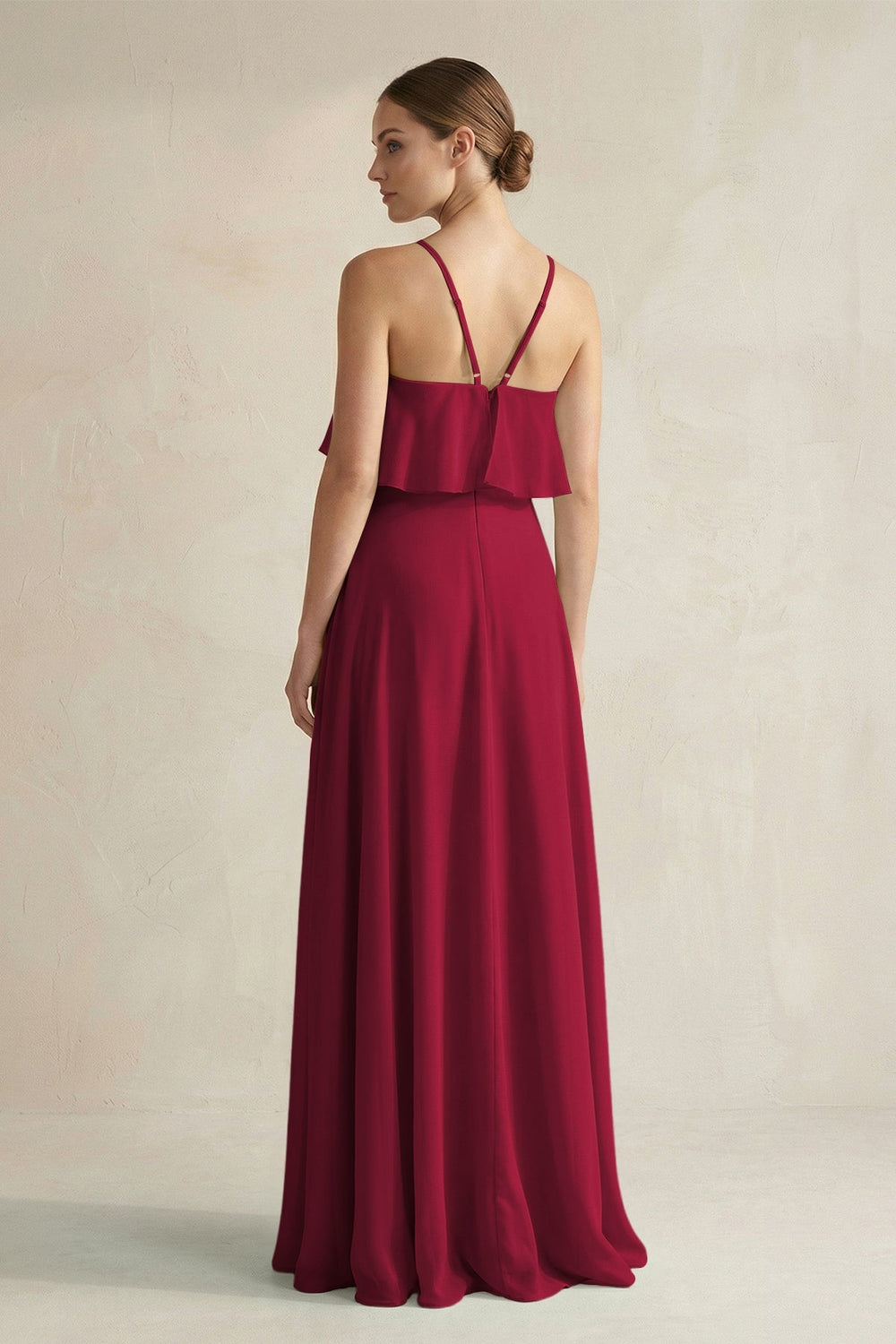 Halter Neck A - Line Chiffon Bridesmaid Dress with Keyhole in Berry - KissProm Bridesmaid Dresses