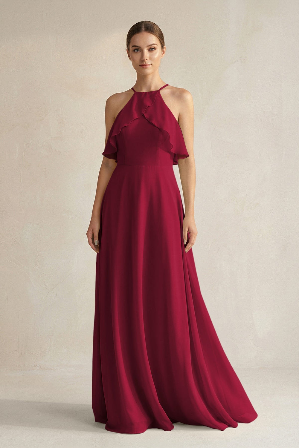 Halter Neck A - Line Chiffon Bridesmaid Dress with Keyhole in Berry - KissProm Bridesmaid Dresses