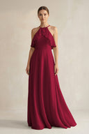 Halter Neck A - Line Chiffon Bridesmaid Dress with Keyhole in Berry - KissProm Bridesmaid Dresses