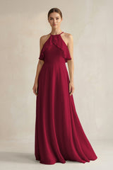 Halter Neck A - Line Chiffon Bridesmaid Dress with Keyhole in Berry - KissProm Bridesmaid Dresses