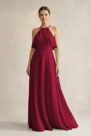 Halter Neck A - Line Chiffon Bridesmaid Dress with Keyhole in Berry - KissProm Bridesmaid Dresses