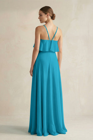 Halter Neck A - Line Chiffon Bridesmaid Dress with Keyhole in Blue Jay - KissProm Bridesmaid Dresses