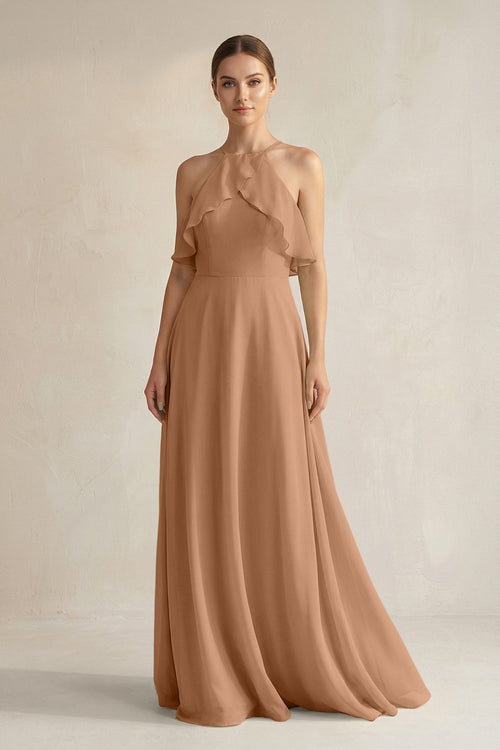 KissProm Halter Neck A-Line Chiffon Bridesmaid Dress with Keyhole in Bronzer, Bronzer / 14