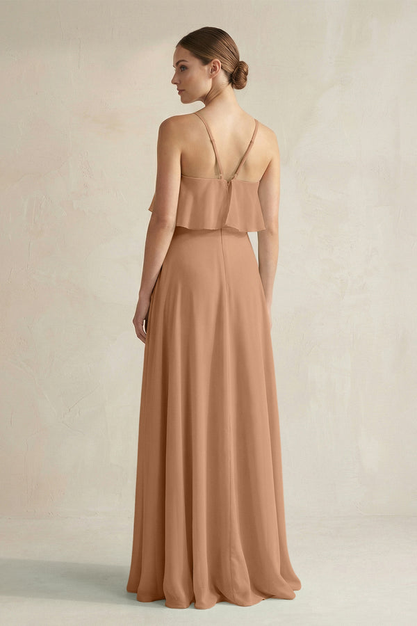Halter Neck A - Line Chiffon Bridesmaid Dress with Keyhole in Bronzer - KissProm Bridesmaid Dresses