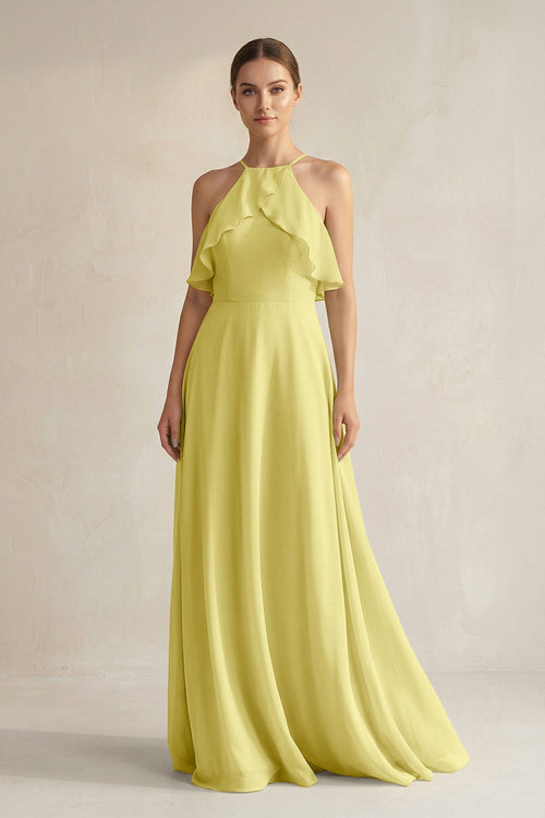 KissProm Halter Neck A-Line Chiffon Bridesmaid Dress with Keyhole in Buttercup, Buttercup / 12