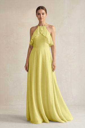 Halter Neck A - Line Chiffon Bridesmaid Dress with Keyhole in Buttercup - KissProm Bridesmaid Dresses