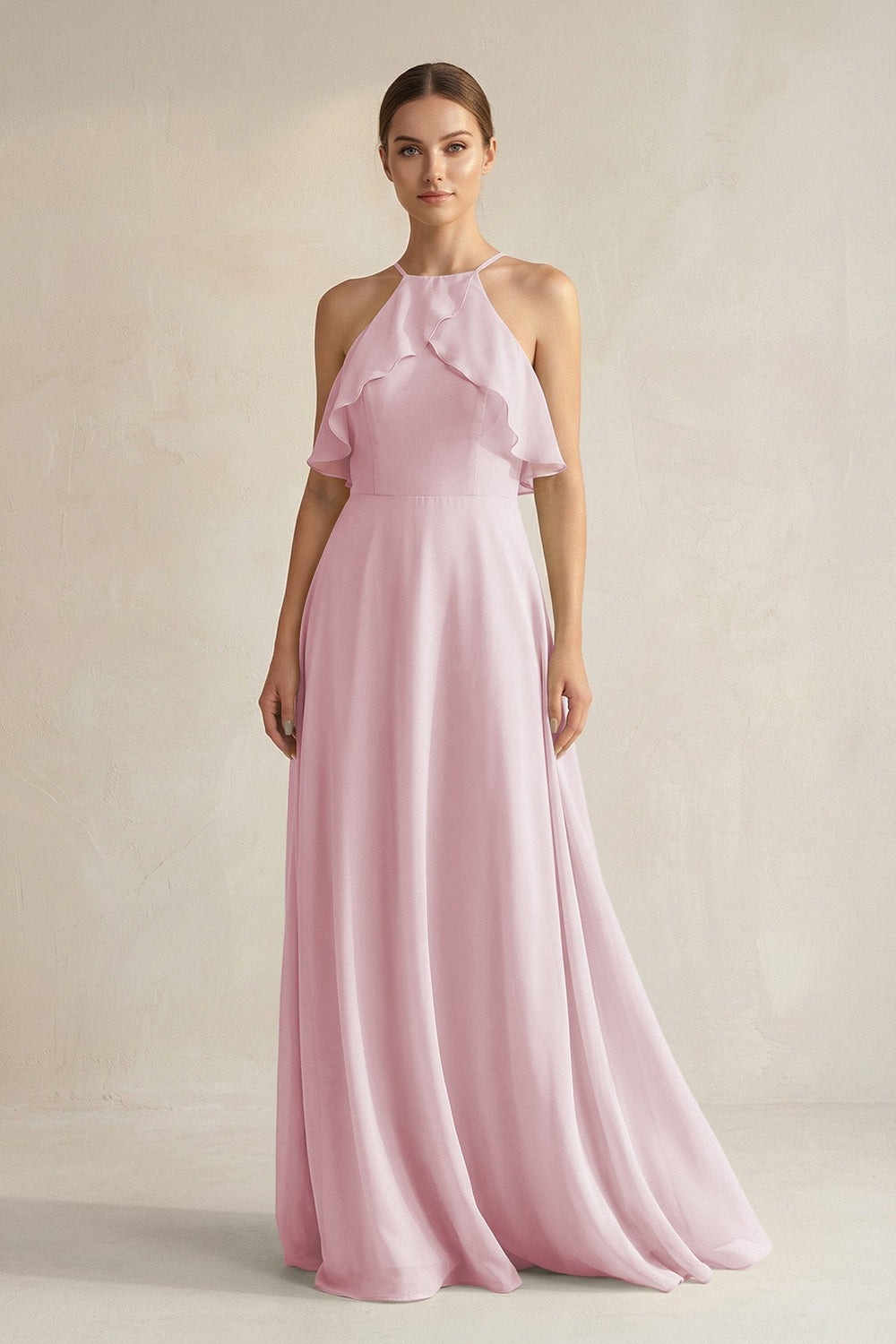 Halter Neck A - Line Chiffon Bridesmaid Dress with Keyhole in Candy Pink - KissProm Bridesmaid Dresses