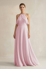 Halter Neck A - Line Chiffon Bridesmaid Dress with Keyhole in Candy Pink - KissProm Bridesmaid Dresses