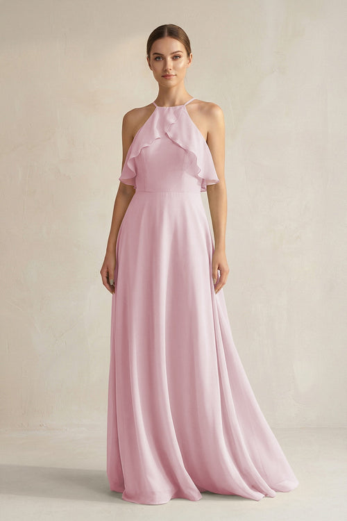 Halter Neck A - Line Chiffon Bridesmaid Dress with Keyhole in Candy Pink - KissProm Bridesmaid Dresses