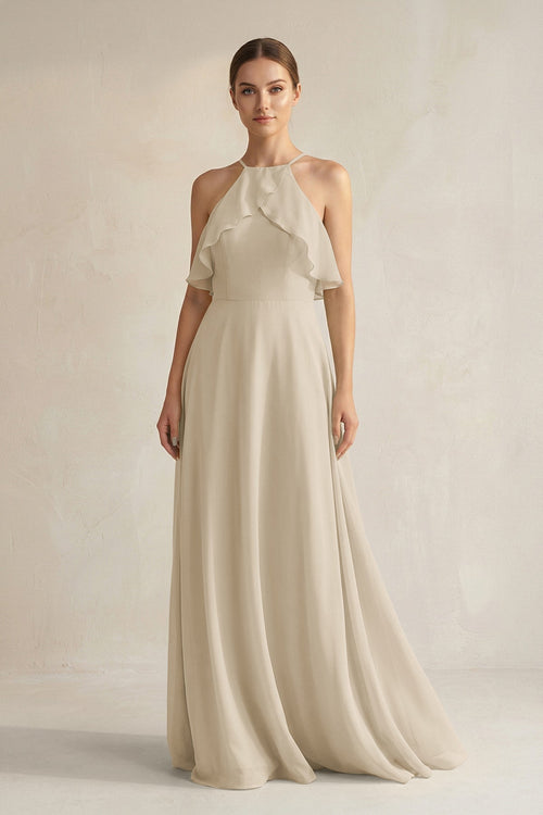 KissProm Halter Neck A-Line Chiffon Bridesmaid Dress with Keyhole in Champagne, Champagne / 18