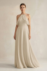 Halter Neck A - Line Chiffon Bridesmaid Dress with Keyhole in Champagne - KissProm Bridesmaid Dresses
