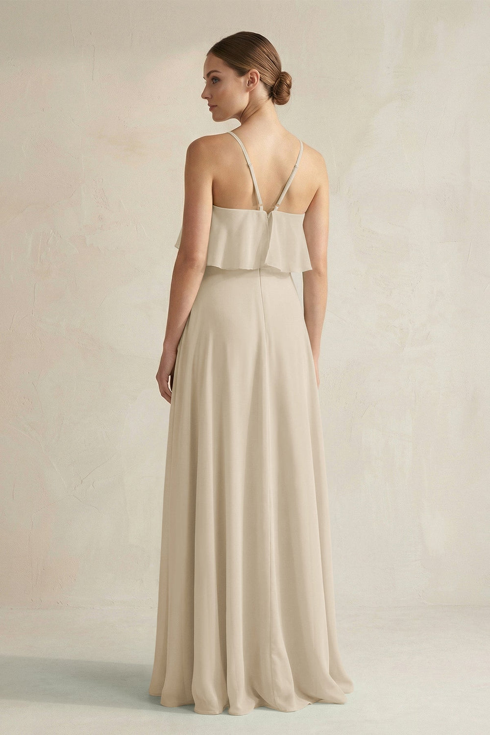 Halter Neck A - Line Chiffon Bridesmaid Dress with Keyhole in Champagne - KissProm Bridesmaid Dresses