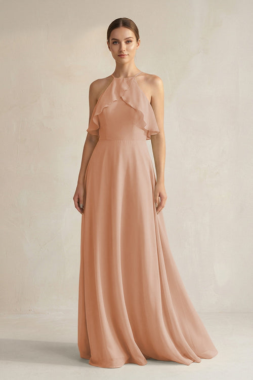 KissProm Halter Neck A-Line Chiffon Bridesmaid Dress with Keyhole in Champagne Rose, Champagne Rose / 2