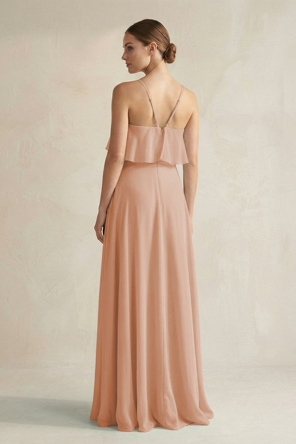 Halter Neck A - Line Chiffon Bridesmaid Dress with Keyhole in Champagne Rose - KissProm Bridesmaid Dresses