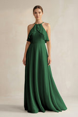 Halter Neck A - Line Chiffon Bridesmaid Dress with Keyhole in Dark Green - KissProm Bridesmaid Dresses
