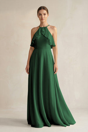 Halter Neck A - Line Chiffon Bridesmaid Dress with Keyhole in Dark Green - KissProm Bridesmaid Dresses
