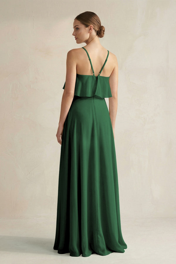 KissProm Halter Neck A-Line Chiffon Bridesmaid Dress with Keyhole in Dark Green, Dark Green / 6