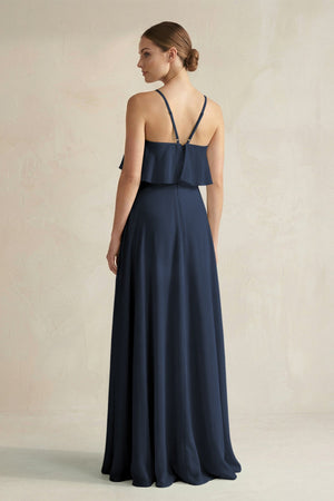 Halter Neck A - Line Chiffon Bridesmaid Dress with Keyhole in Dark Navy - KissProm Bridesmaid Dresses