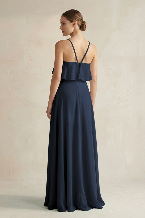 Halter Neck A - Line Chiffon Bridesmaid Dress with Keyhole in Dark Navy - KissProm Bridesmaid Dresses
