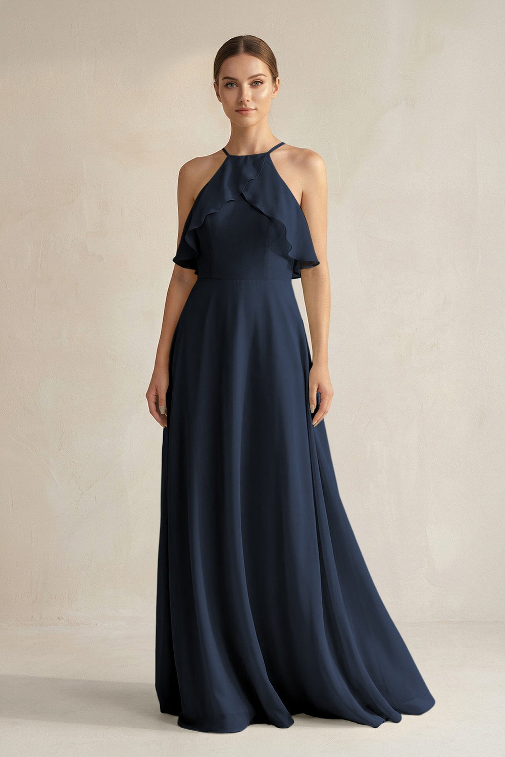 Halter Neck A - Line Chiffon Bridesmaid Dress with Keyhole in Dark Navy - KissProm Bridesmaid Dresses