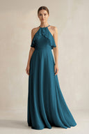 Halter Neck A - Line Chiffon Bridesmaid Dress with Keyhole in Dark Teal - KissProm Bridesmaid Dresses
