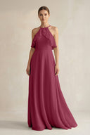 Halter Neck A - Line Chiffon Bridesmaid Dress with Keyhole in Desert Rose - KissProm Bridesmaid Dresses