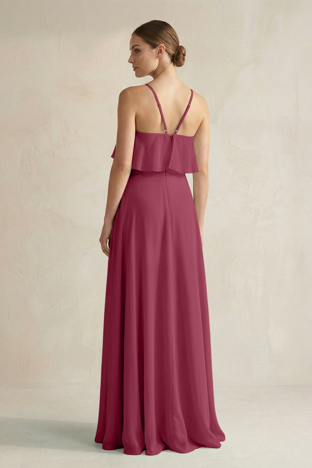 Halter Neck A - Line Chiffon Bridesmaid Dress with Keyhole in Desert Rose - KissProm Bridesmaid Dresses