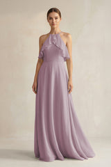 Halter Neck A - Line Chiffon Bridesmaid Dress with Keyhole in Dusk - KissProm Bridesmaid Dresses