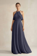 Halter Neck A - Line Chiffon Bridesmaid Dress with Keyhole in Dusk Blue - KissProm Bridesmaid Dresses
