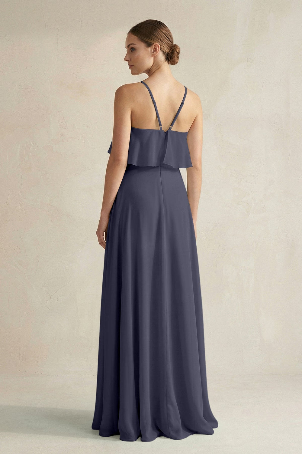 Halter Neck A - Line Chiffon Bridesmaid Dress with Keyhole in Dusk Blue - KissProm Bridesmaid Dresses