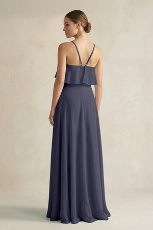 Halter Neck A - Line Chiffon Bridesmaid Dress with Keyhole in Dusk Blue - KissProm Bridesmaid Dresses