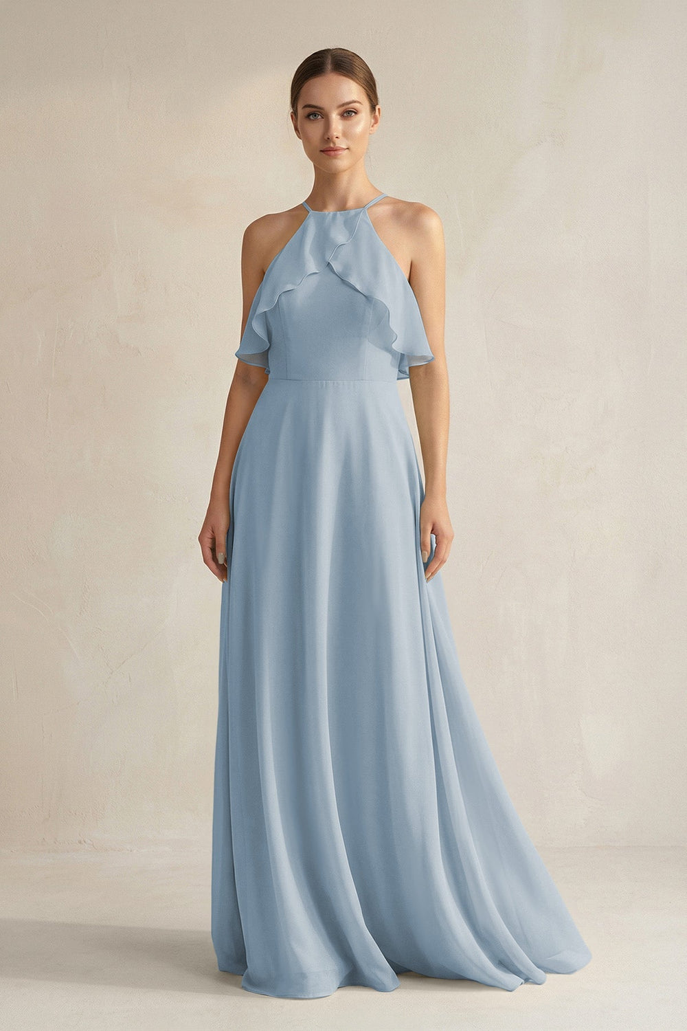 Halter Neck A - Line Chiffon Bridesmaid Dress with Keyhole in Dusty Blue - KissProm Bridesmaid Dresses