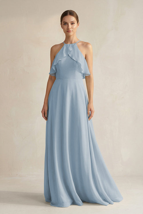 Halter Neck A - Line Chiffon Bridesmaid Dress with Keyhole in Dusty Blue - KissProm Bridesmaid Dresses