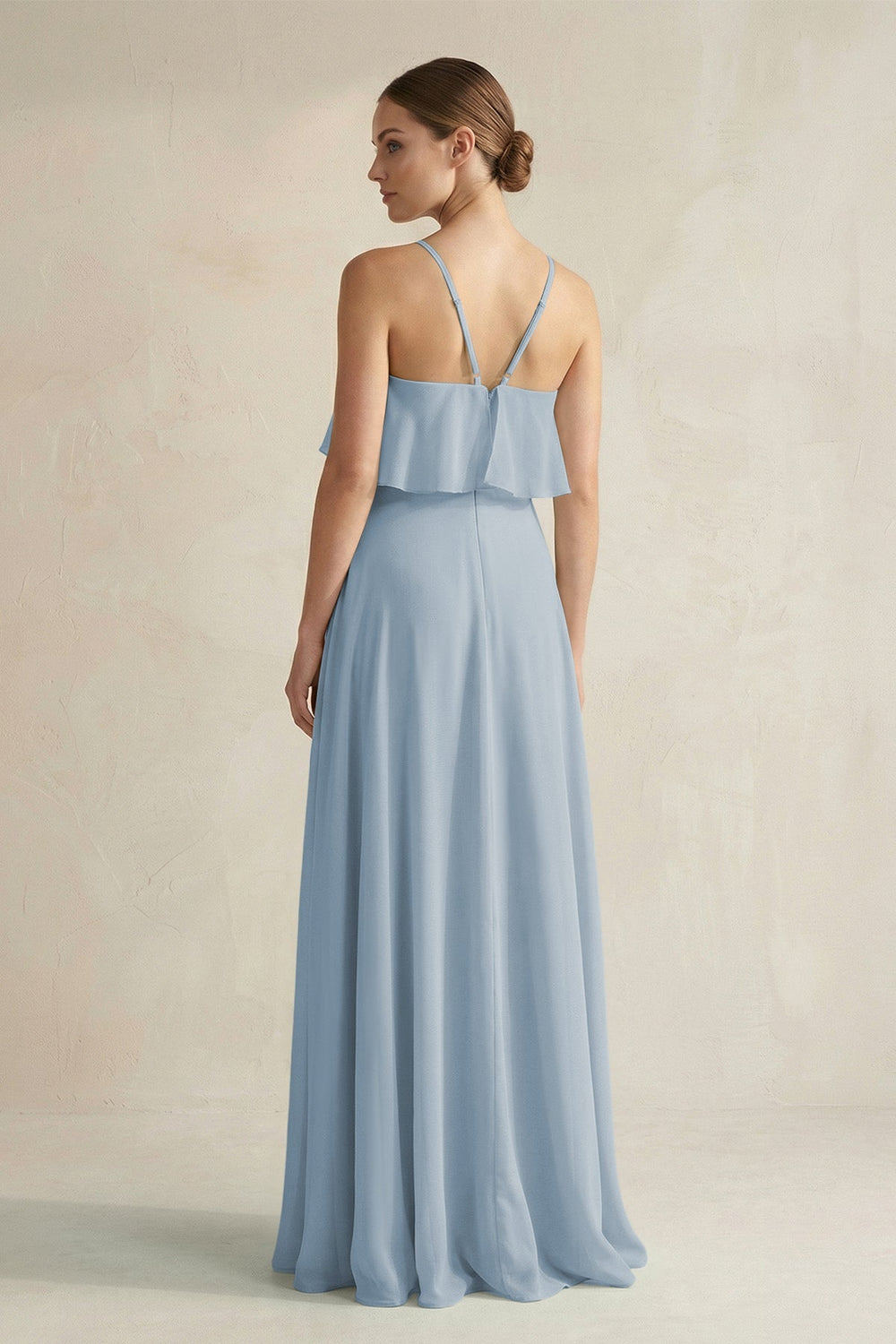 Halter Neck A - Line Chiffon Bridesmaid Dress with Keyhole in Dusty Blue - KissProm Bridesmaid Dresses
