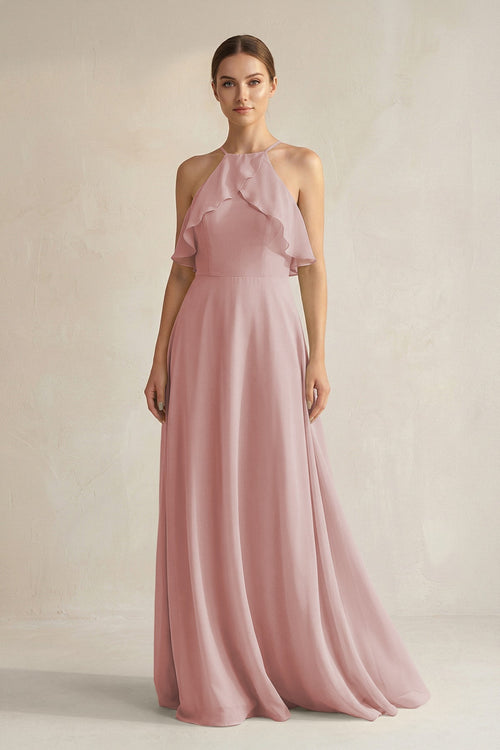 Halter Neck A - Line Chiffon Bridesmaid Dress with Keyhole in Dusty Rose - KissProm Bridesmaid Dresses