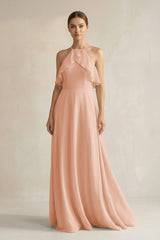 Halter Neck A - Line Chiffon Bridesmaid Dress with Keyhole in English Rose - KissProm Bridesmaid Dresses