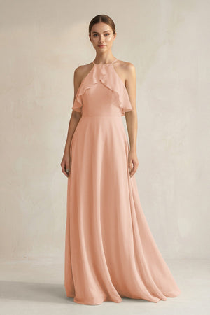 Halter Neck A - Line Chiffon Bridesmaid Dress with Keyhole in English Rose - KissProm Bridesmaid Dresses