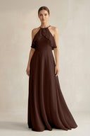 Halter Neck A - Line Chiffon Bridesmaid Dress with Keyhole in Espresso - KissProm Bridesmaid Dresses