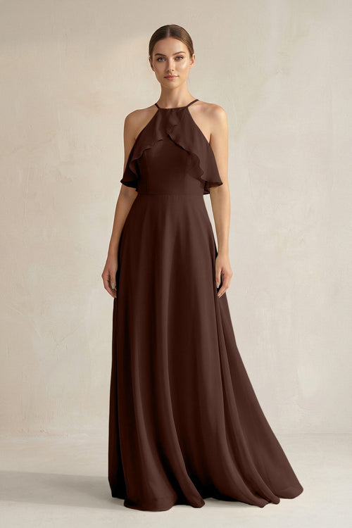 Halter Neck A - Line Chiffon Bridesmaid Dress with Keyhole in Espresso - KissProm Bridesmaid Dresses