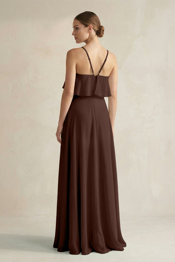 Halter Neck A - Line Chiffon Bridesmaid Dress with Keyhole in Espresso - KissProm Bridesmaid Dresses