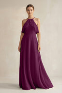 Halter Neck A - Line Chiffon Bridesmaid Dress with Keyhole in Fig - KissProm Bridesmaid Dresses