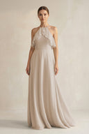 Halter Neck A - Line Chiffon Bridesmaid Dress with Keyhole in Frost - KissProm Bridesmaid Dresses