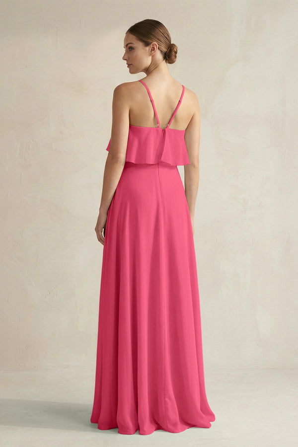 Halter Neck A - Line Chiffon Bridesmaid Dress with Keyhole in Fuchsia - KissProm Bridesmaid Dresses